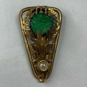 Vintage Brass Filigree Dress Pin with Green and Faux Pearl Stones.